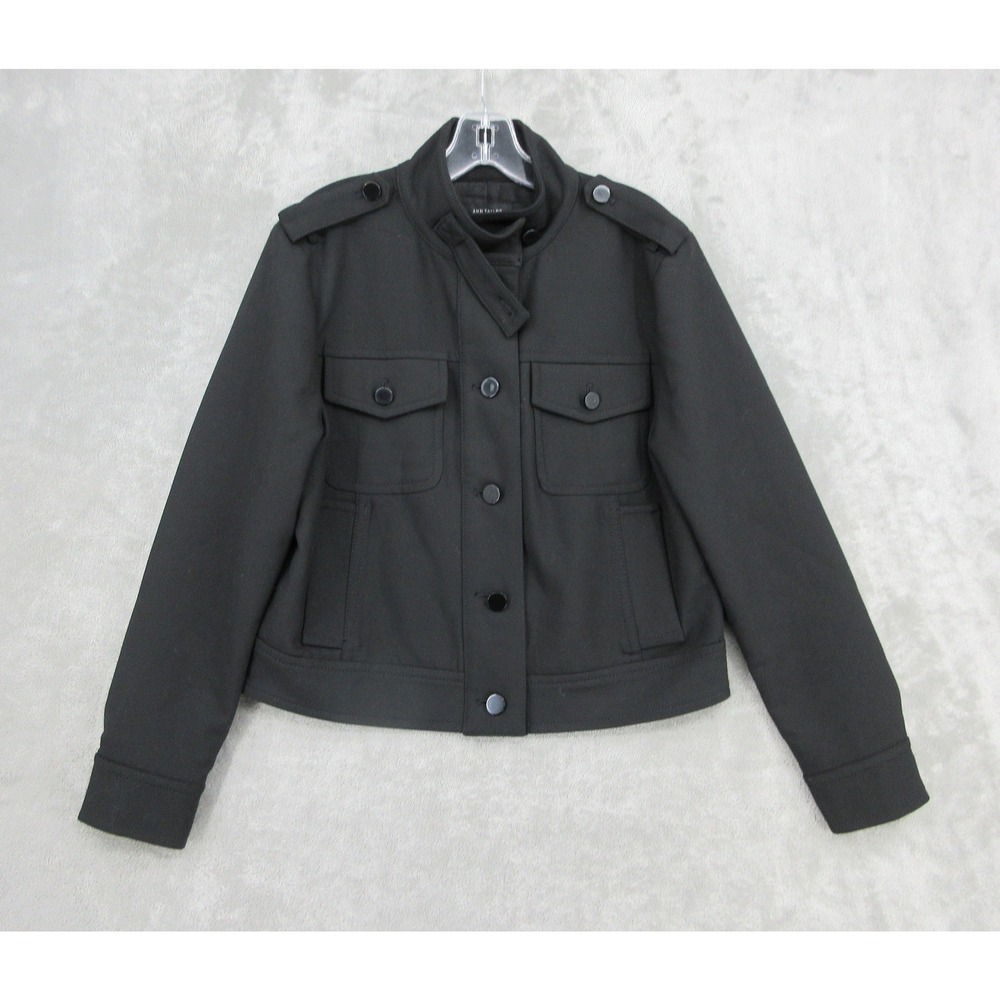 Ann Taylor Jacket Womens Size M Utility Military Epaulettes Classic Button Black
